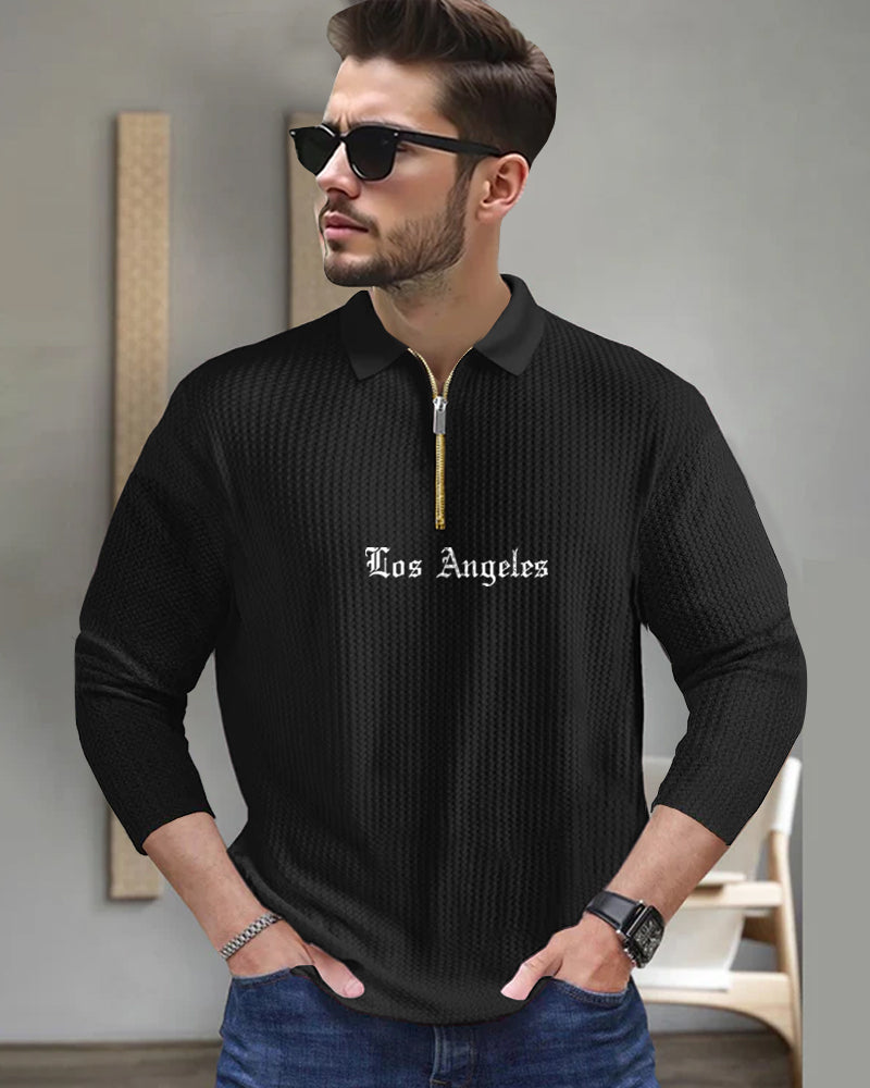 Los Angeles Black Full Sleeve Zippered Collared Waffle Men's T-Shirt-FRONT