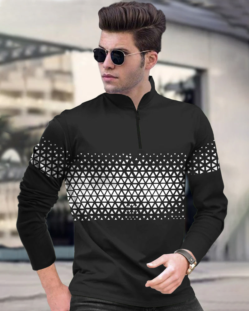 Beenest Black Half Zippered High Neck Full Sleeve Men's T-Shirt-FRONT