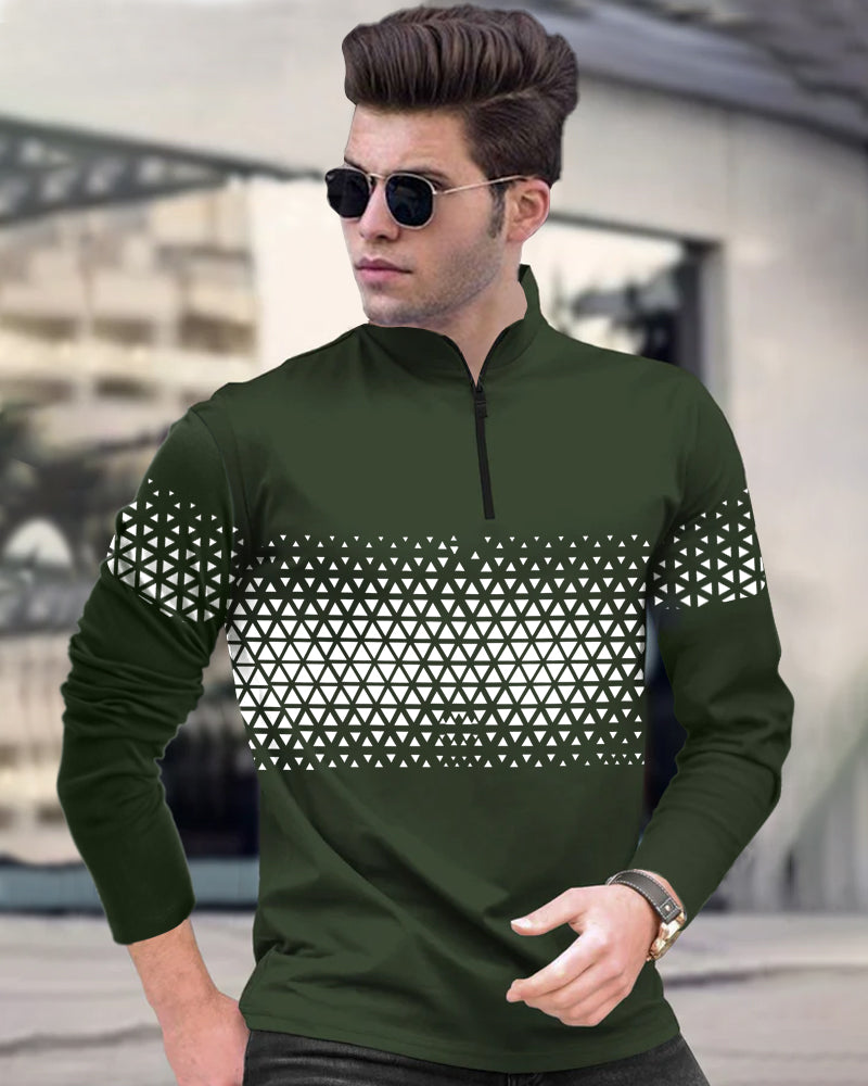 Beenest Green Half Zippered High Neck Men's Full Sleeve T-Shirt-FRONT