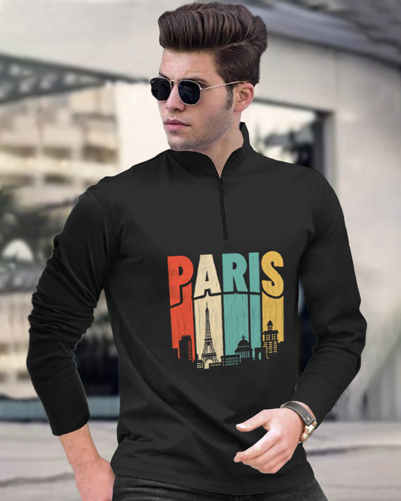 Paris Black Half Zippered High Neck Full Sleeve Men's T-Shirt-FRONT