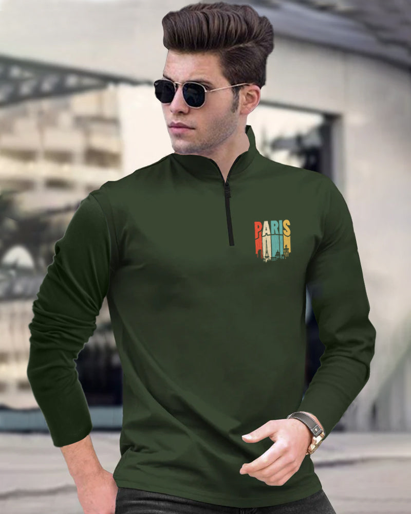 Paris small Green Half Zippered High Neck Men's Full Sleeve T-Shirt-FRONT