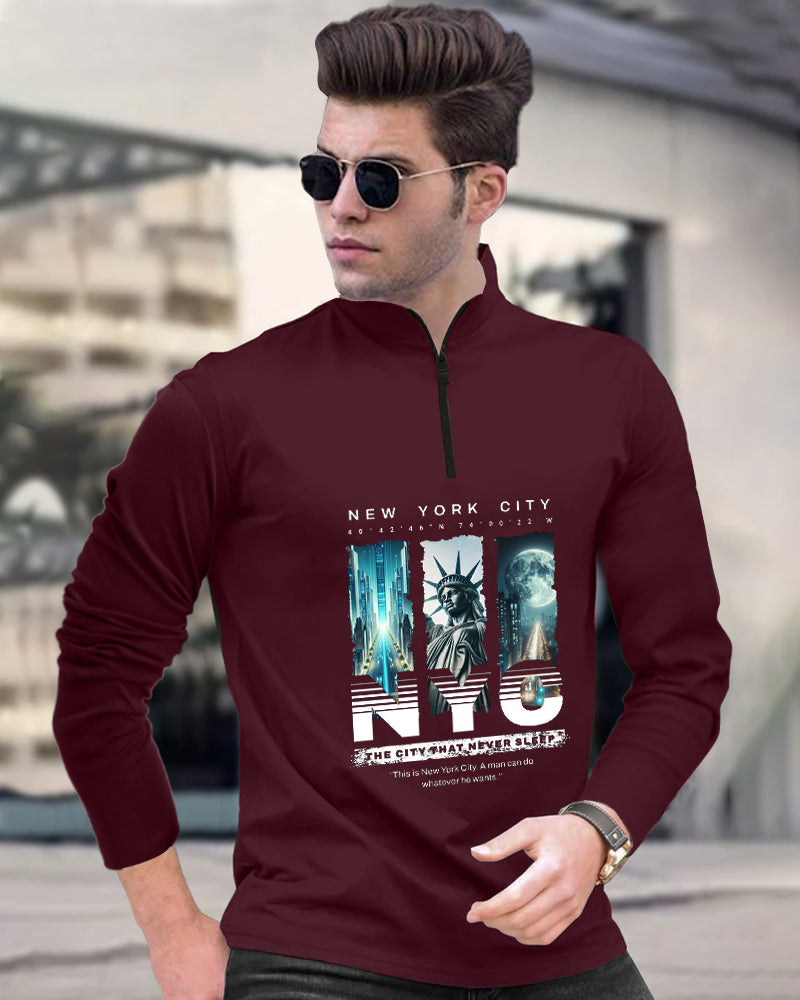 NYC Full small Maroon Half Zippered High Neck Full Sleeve Men's T-Shirt-FRONT