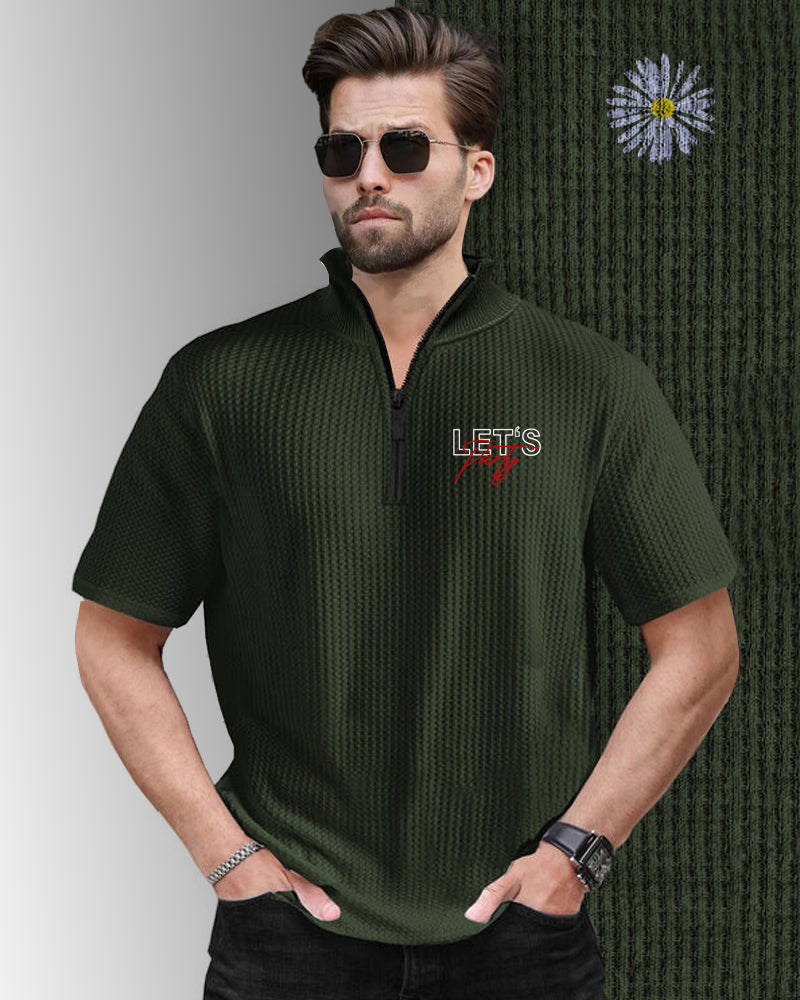 Let's Party Green Half Zippered High Neck Waffle Men's T-Shirt-FRONT