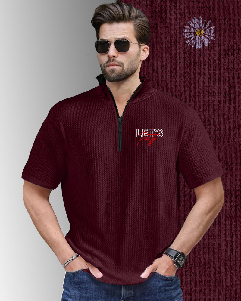 Let's Party Maroon Half Zippered High Neck Waffle Men's T-Shirt-FRONT