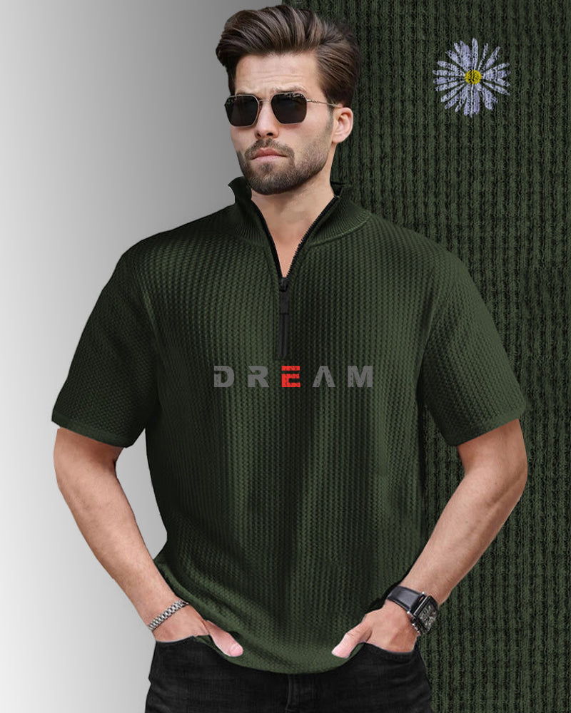 Dream Green Half Zippered High Neck Waffle Men's T-Shirt-FRONT