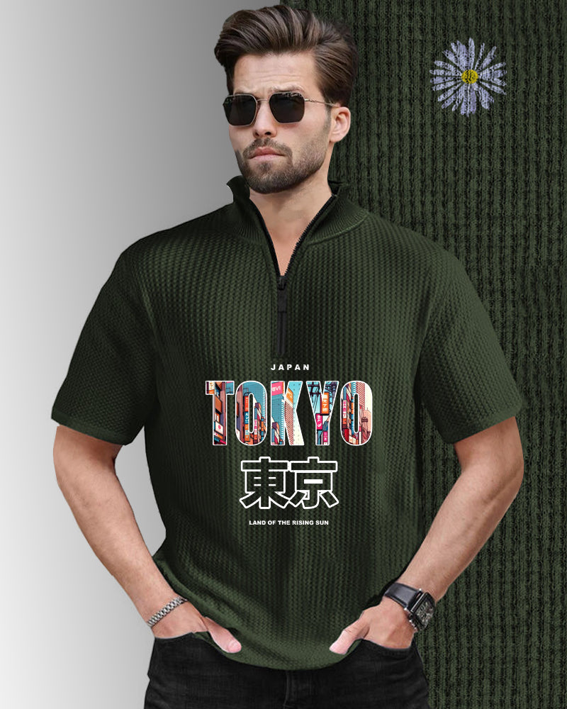 Tokyo Green Half Zippered High Neck Waffle Men's T-Shirt-FRONT