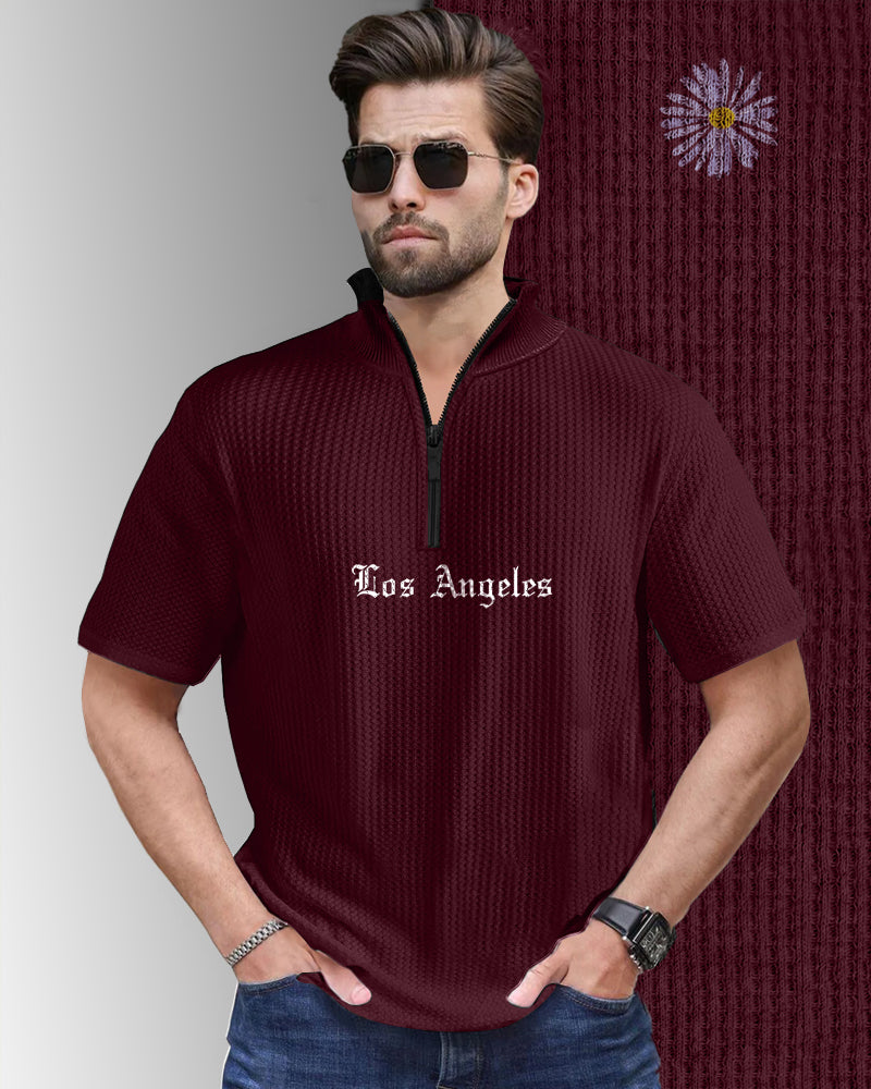 Los Angeles Maroon Half Zippered High Neck Waffle Men's T-Shirt-FRONT