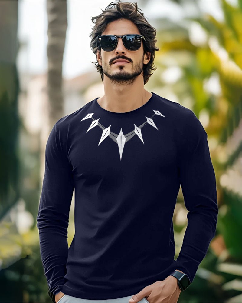 NAVY Chain Full Sleeve Round Neck Cotton blend Men's T-Shirt-FRONT
