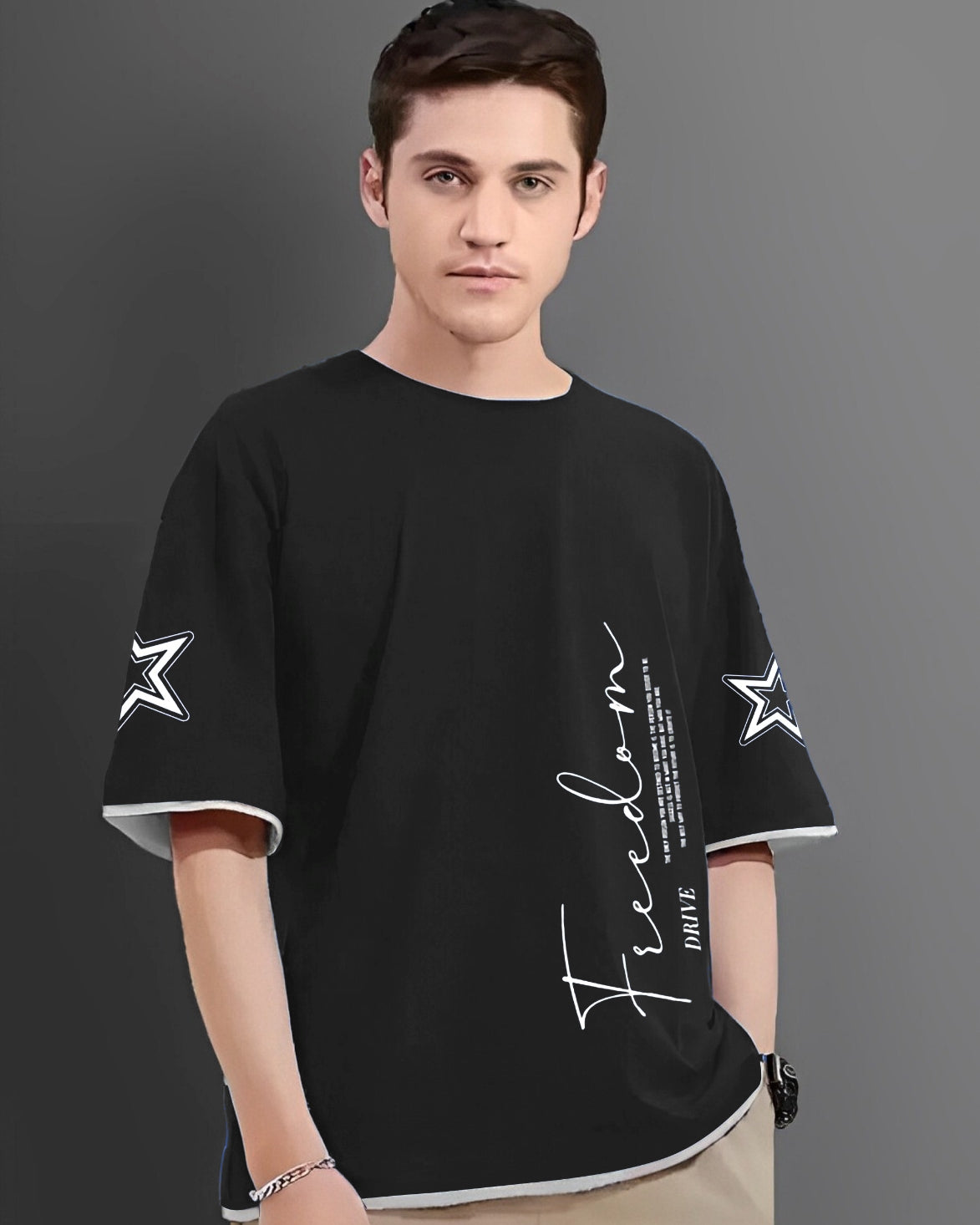 Oversize Freedom Printed Flap Sleeves Black T-Shirt - FastColors