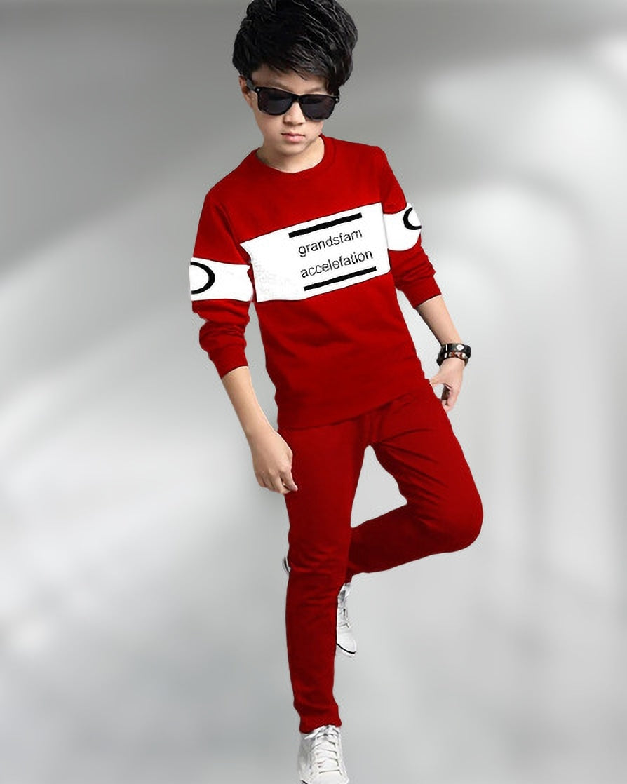 Red Color Blocked Printed Boys Apparel Top and Bottom Set - FastColors