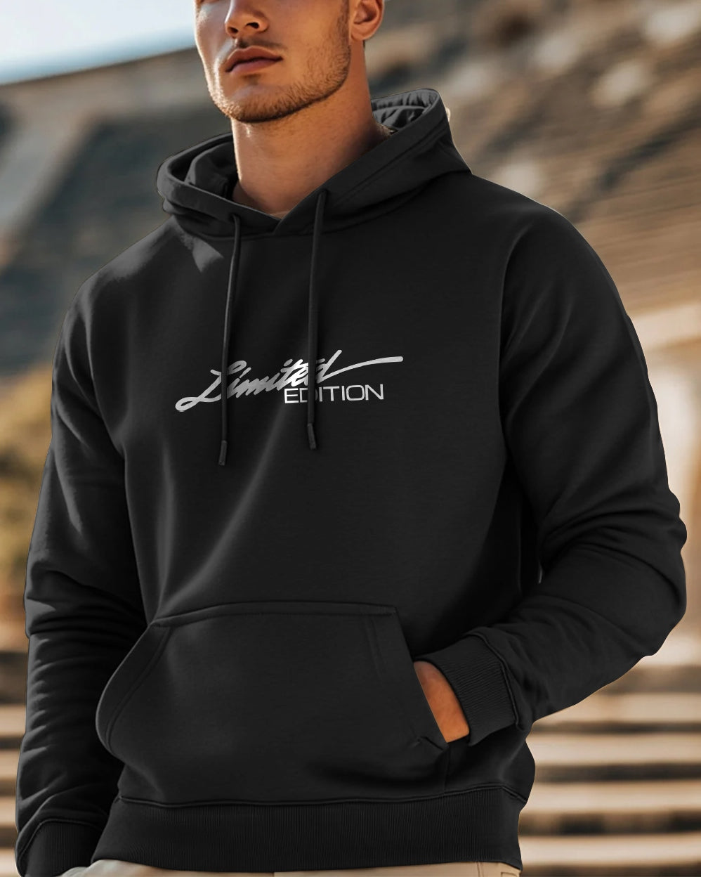 Limited Edition Hooded Front Pocket Sweatshirt for Men-Black-FRONT