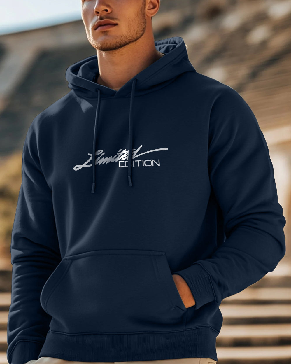 Limited Edition Hooded Front Pocket Sweatshirt for Men-Navy Blue-FRONT