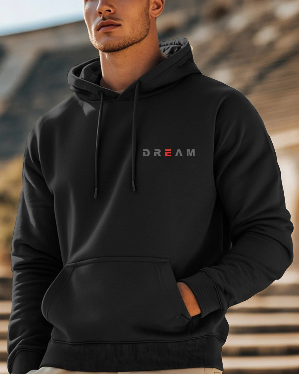 Dream Hooded Front Pocket Sweatshirt for Men-Black-FRONT