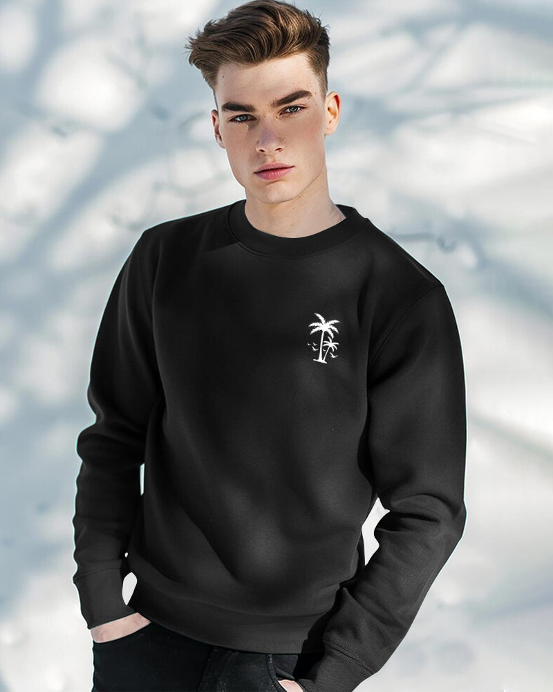 Palm Tree Round Neck Sweatshirt for Men-Black-FRONT