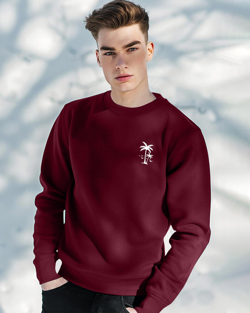 Palm Tree Round Neck Sweatshirt for Men-Maroon-FRONT
