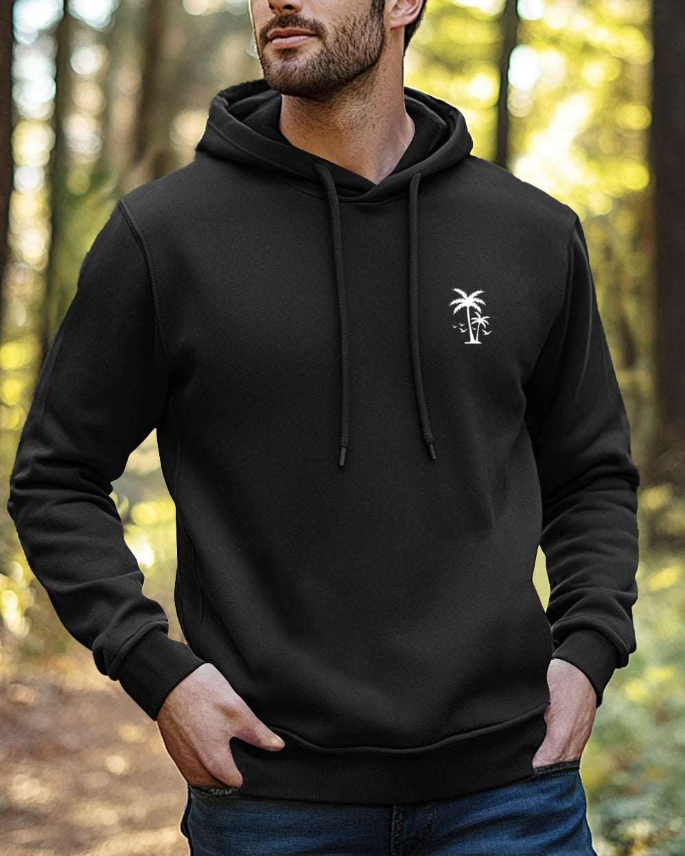 Palm Tree Hoodie Neck Sweatshirt for Men-Black-FRONT