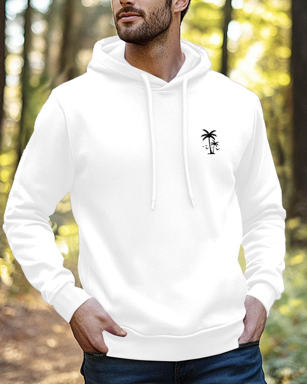 Palm Tree Hoodie Neck Sweatshirt for Men-White-FRONT