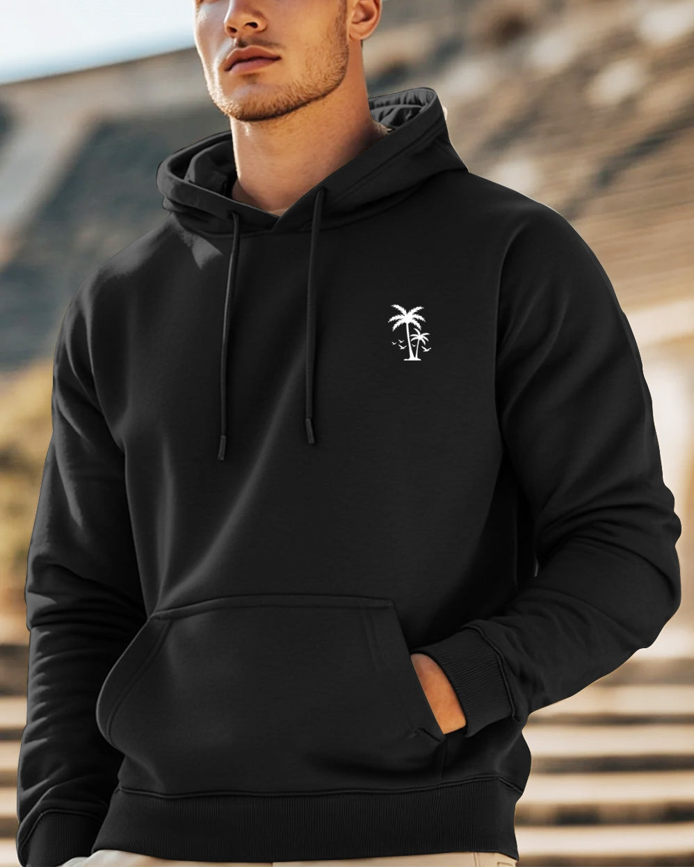 Palm Tree Hooded Front Pocket Sweatshirt for Men-Black-FRONT