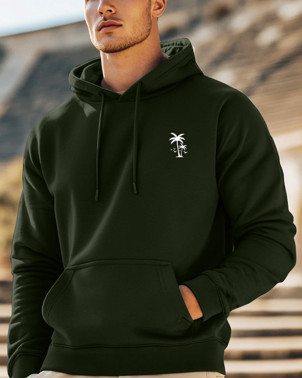 Palm Tree Hooded Front Pocket Sweatshirt for Men-Green-FRONT