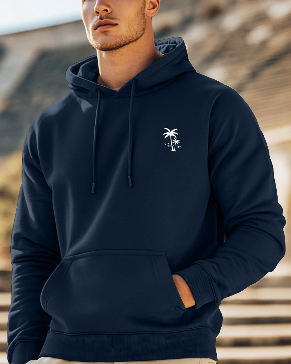 Palm Tree Hooded Front Pocket Sweatshirt for Men-Navy Blue-FRONT