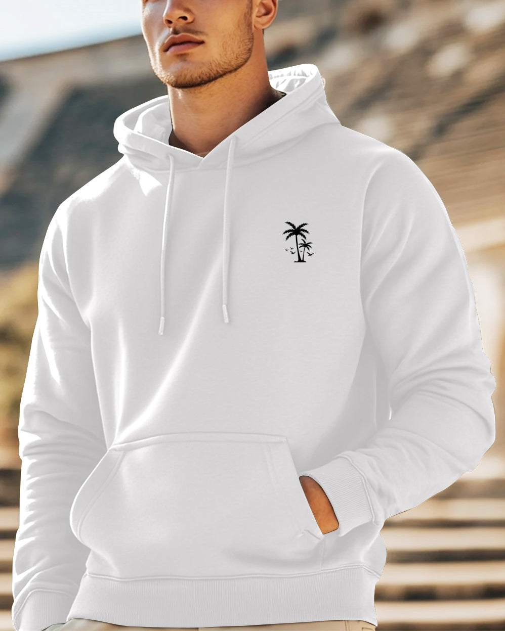 Palm Tree Hooded Front Pocket Sweatshirt for Men-White-FRONT