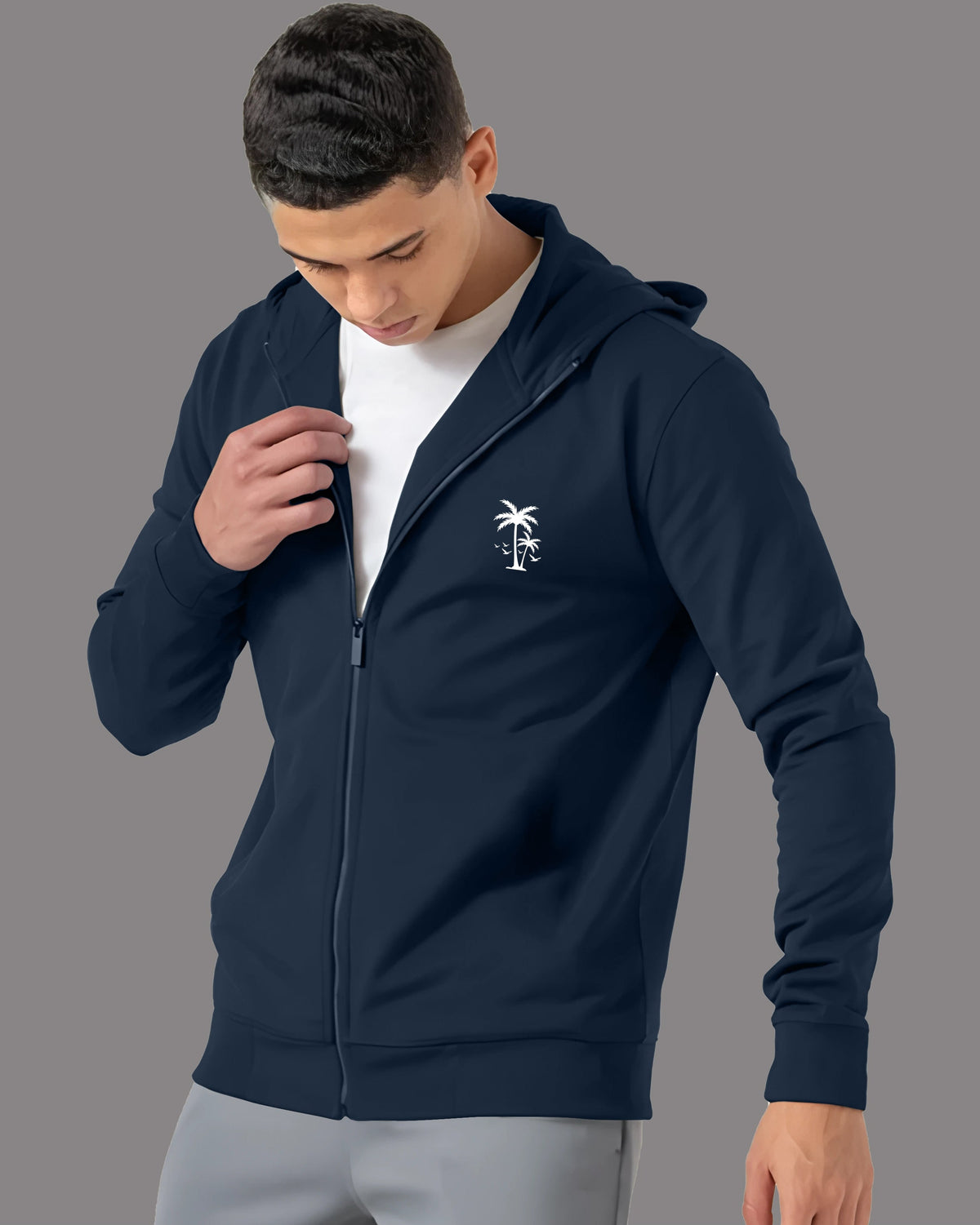 Palm Tree Hooded Outer Jacket for Men-Navy Blue