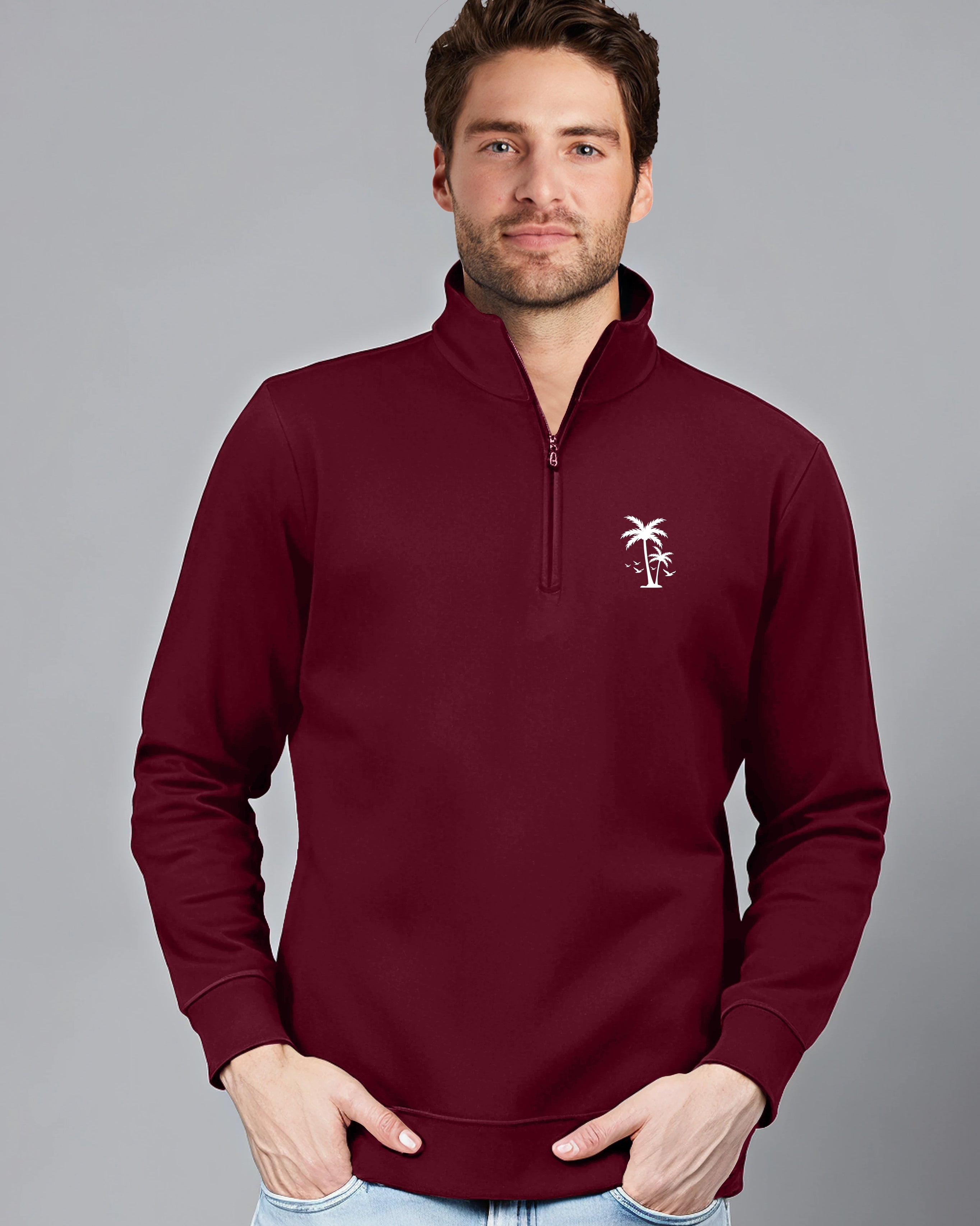 Palm Tree Highneck Half Zipper for Men-Maroon-FRONT