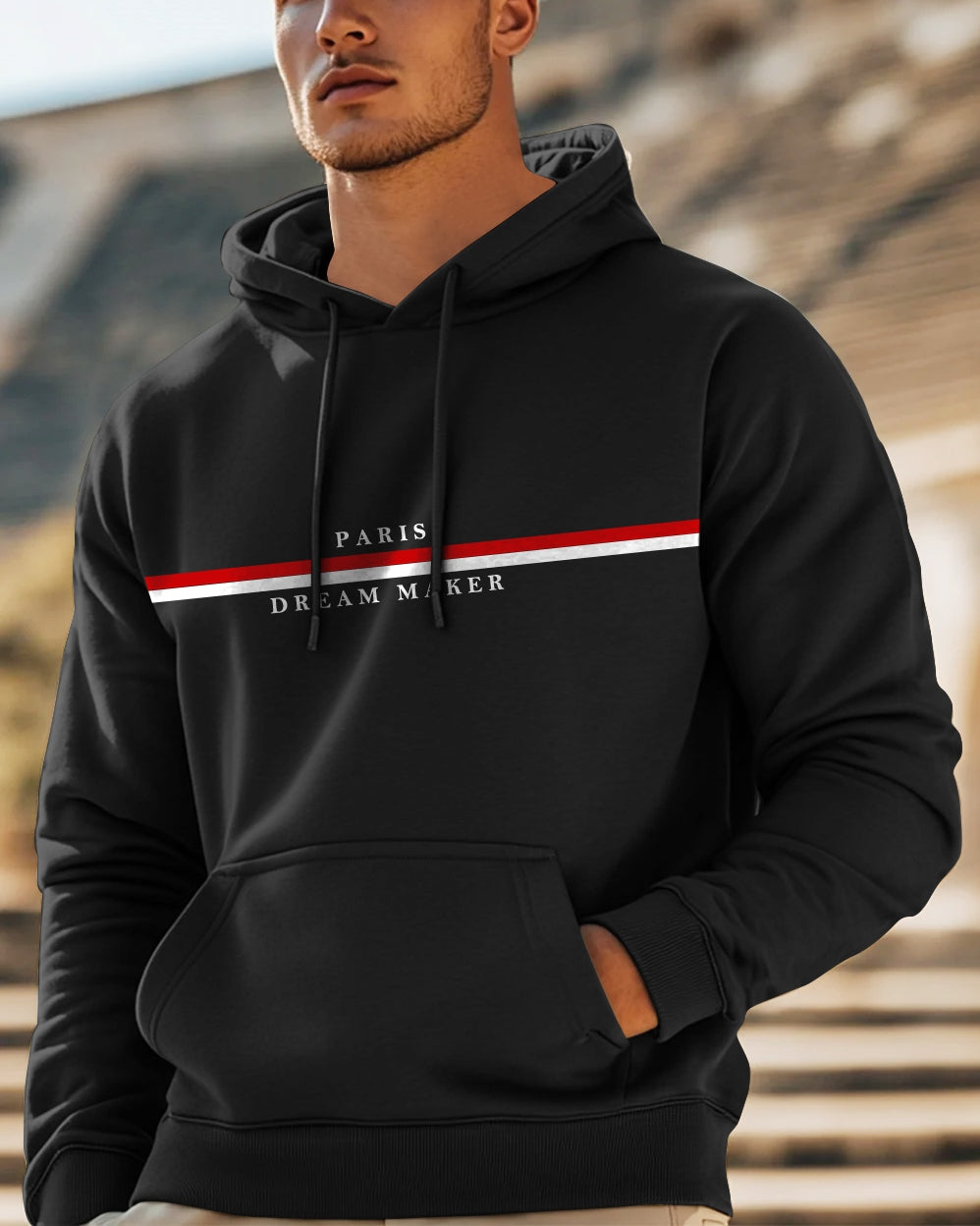 Paris Dream Maker Hooded Front Pocket Sweatshirt for Men-Black-FRONT