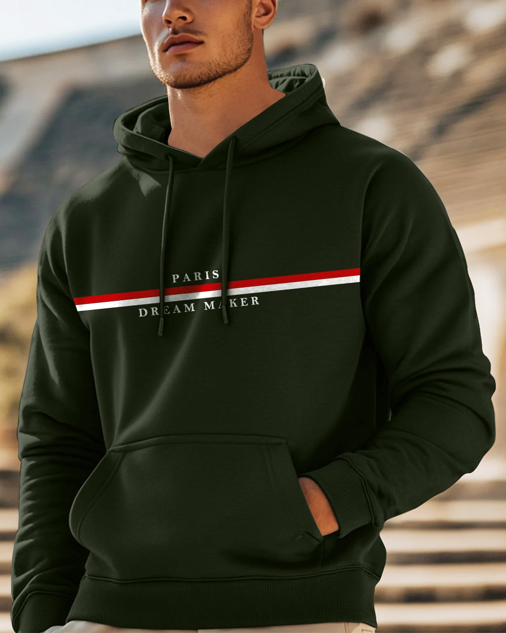 Paris Dream Maker Hooded Front Pocket Sweatshirt for Men-Green-FRONT