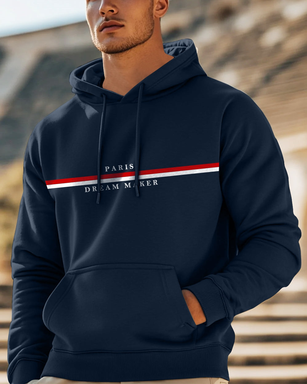 Paris Dream Maker Hooded Front Pocket Sweatshirt for Men-Navy Blue-FRONT