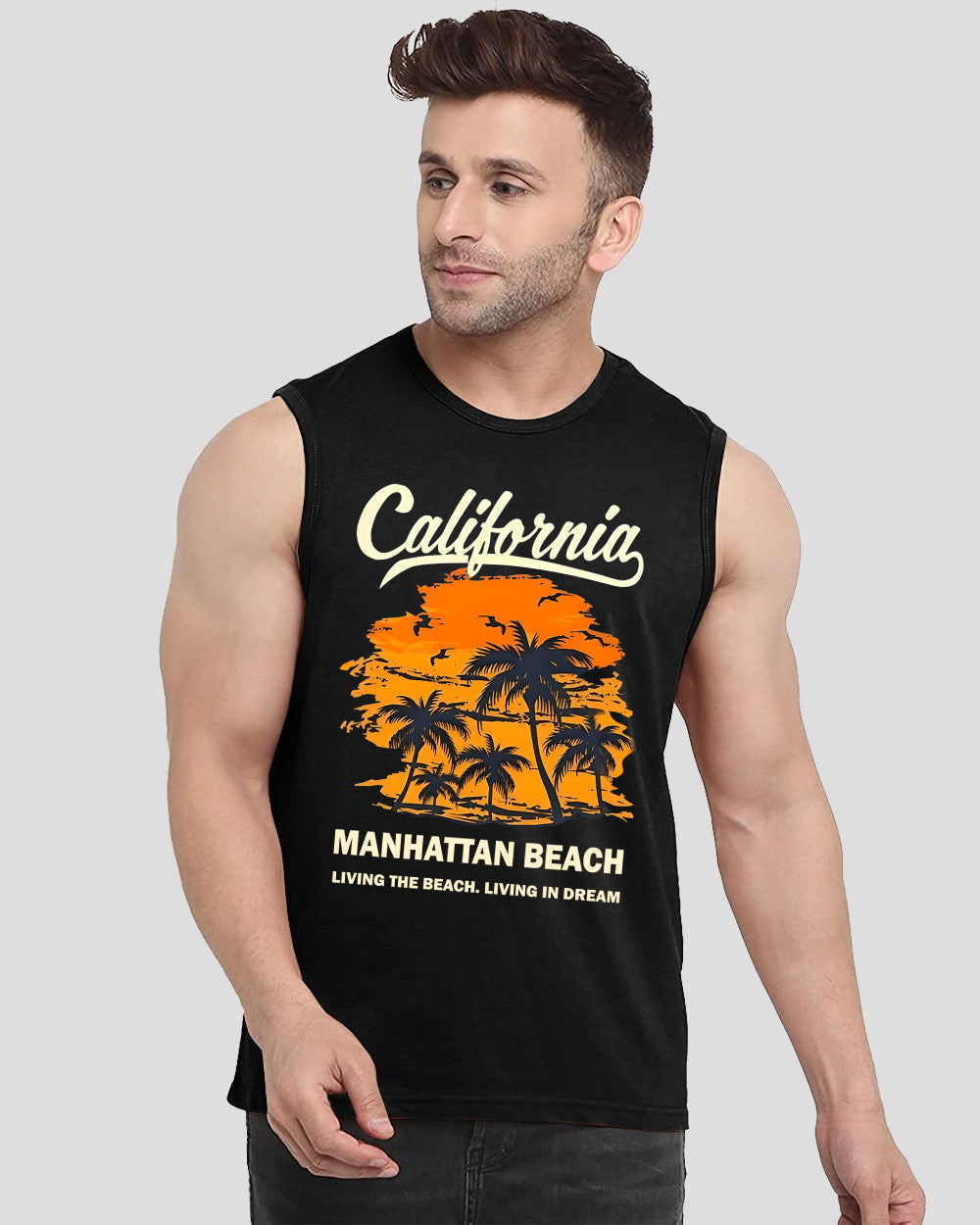 California Manhattan Beach Printed Black Men's Vests for a Bold Fashion Statement-FRONT