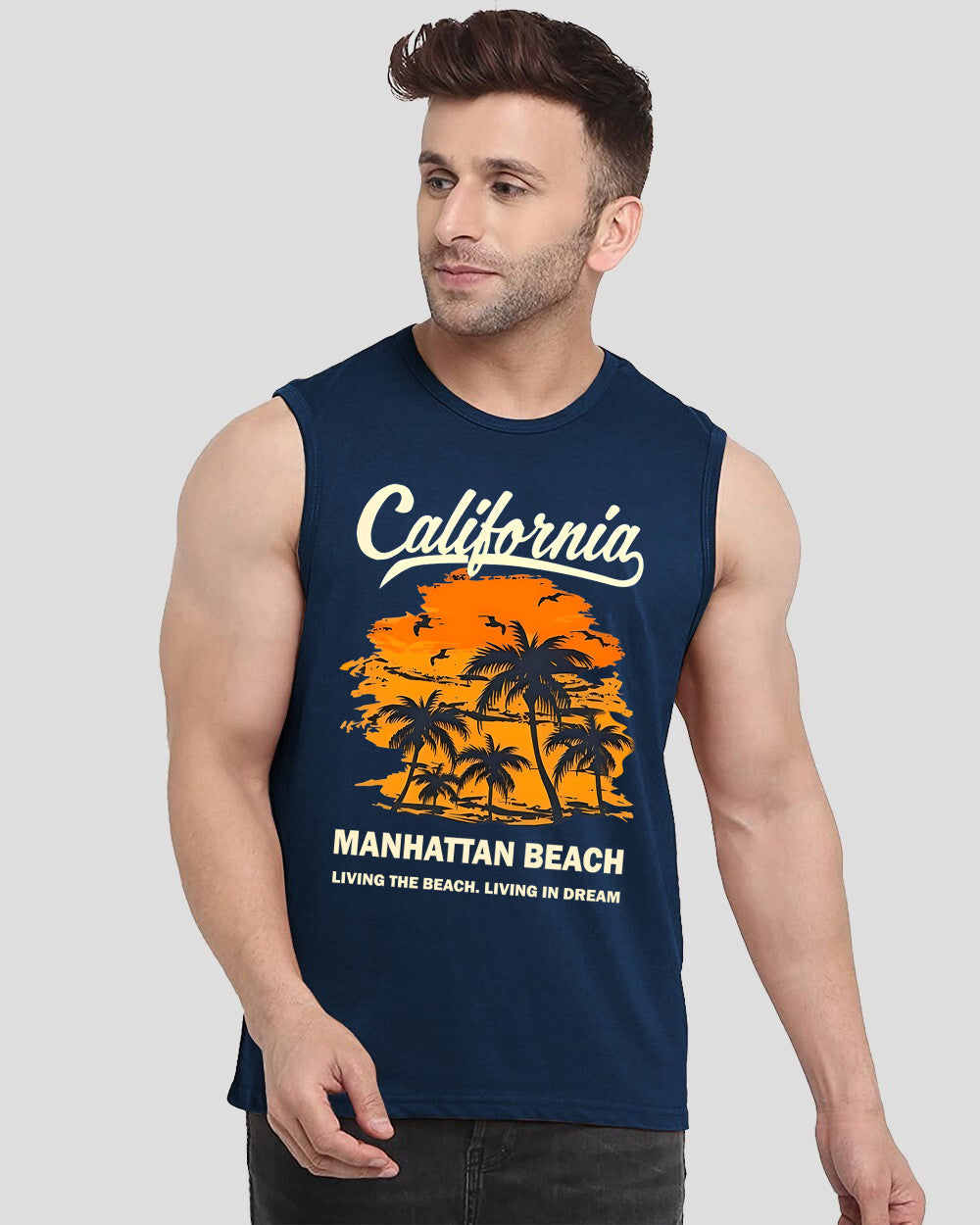 California Manhattan Beach Printed Blue Men's Vests for a Bold Fashion Statement-FRONT