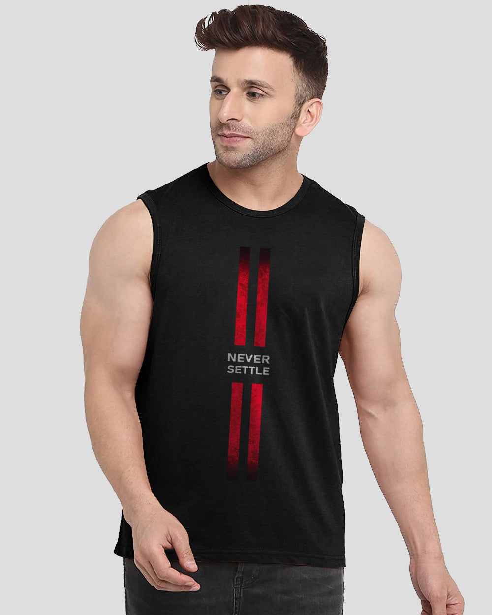 Never Settle Black Printed Men's Vests for Gyms: Stand Out in Style-FRONT