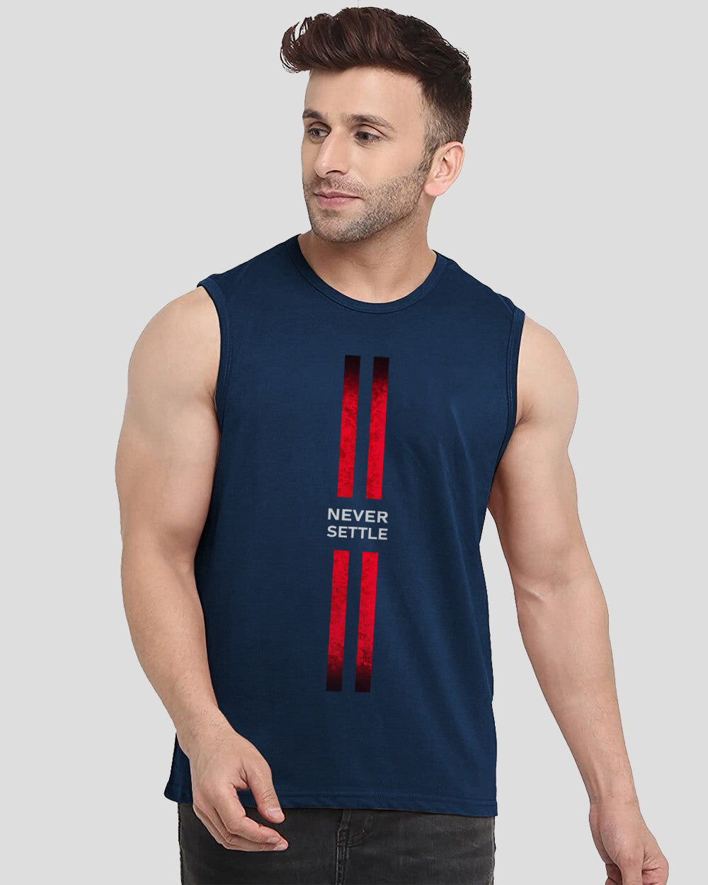 Never Settle Blue Printed Men's Vests for Gyms: Stand Out in Style-FRONT