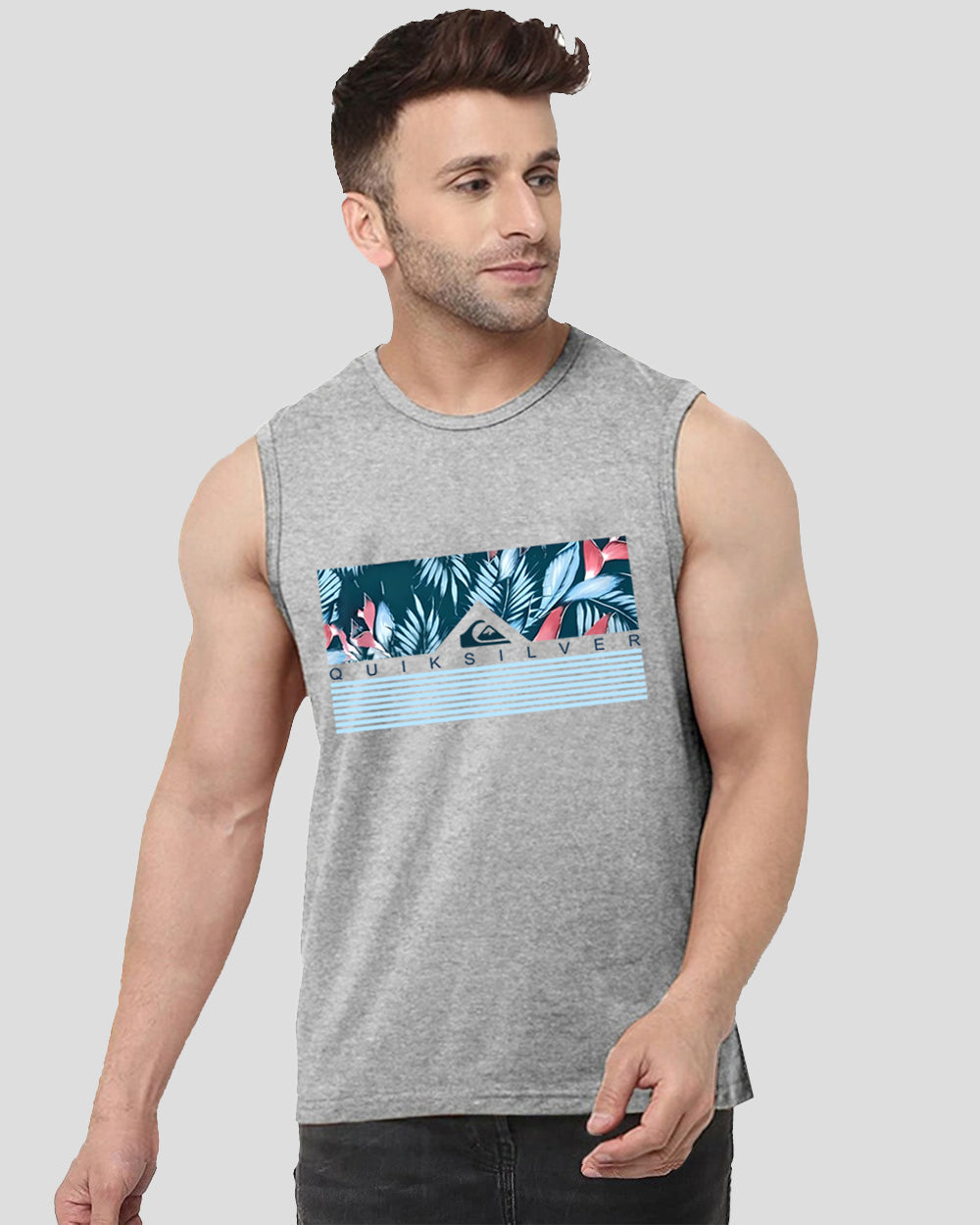 QuikSilver Grey Printed Men's Vests for a Modern Edge-FRONT