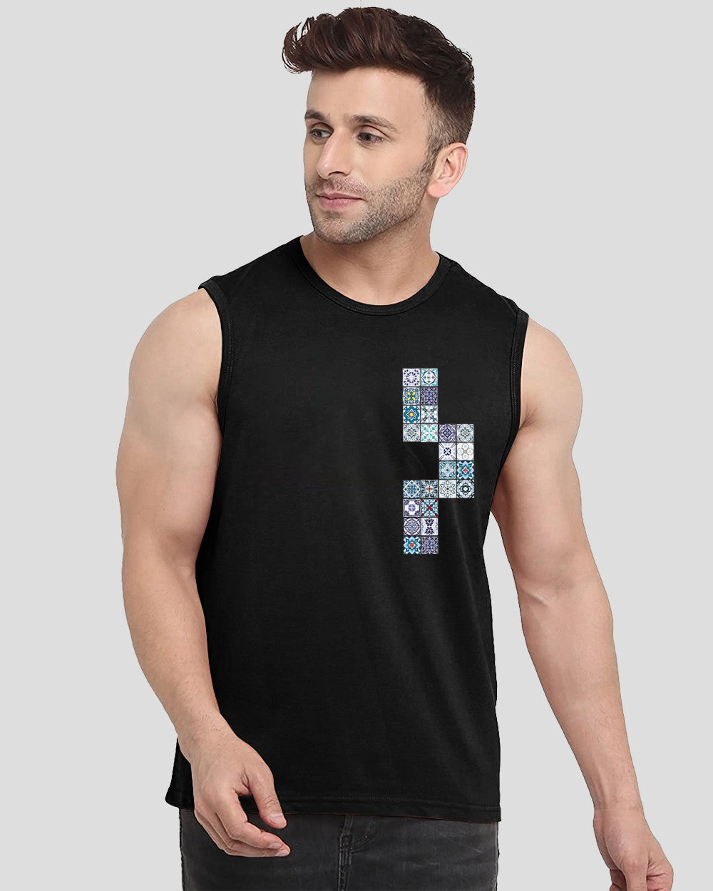 Black Printed Men's Vests for Travel: Comfort Meets Style-FRONT