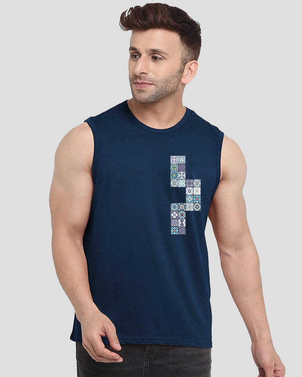 Blue Printed Men's Vests for Winter: Stay Warm and Trendy-FRONT