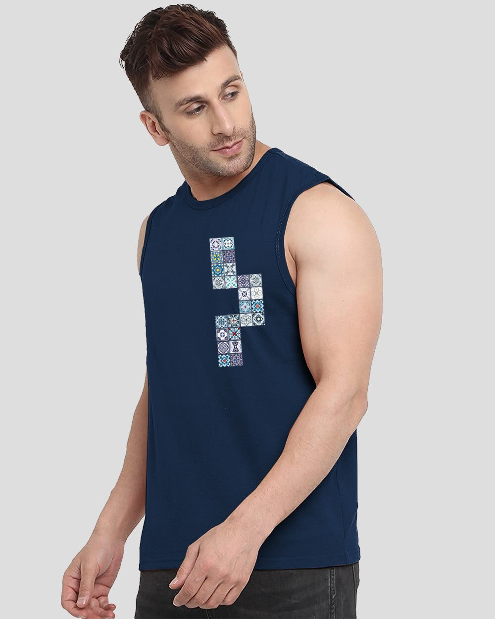 Blue Printed Men's Vests for Winter: Stay Warm and Trendy-SIDE