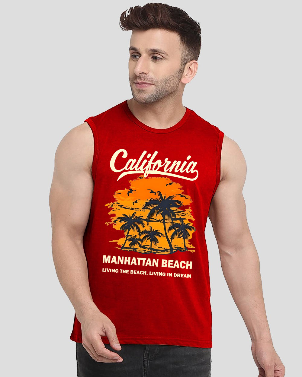 California Manhattan Beach Printed Red Men's Vests for a Bold Fashion Statement-FRONT