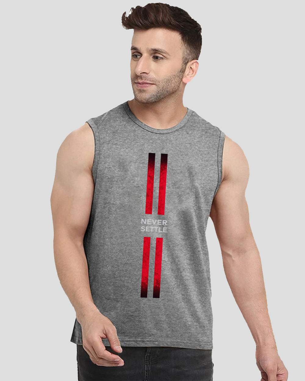 Never Settle Grey Printed Men's Vests for Gyms: Stand Out in Style-FRONT