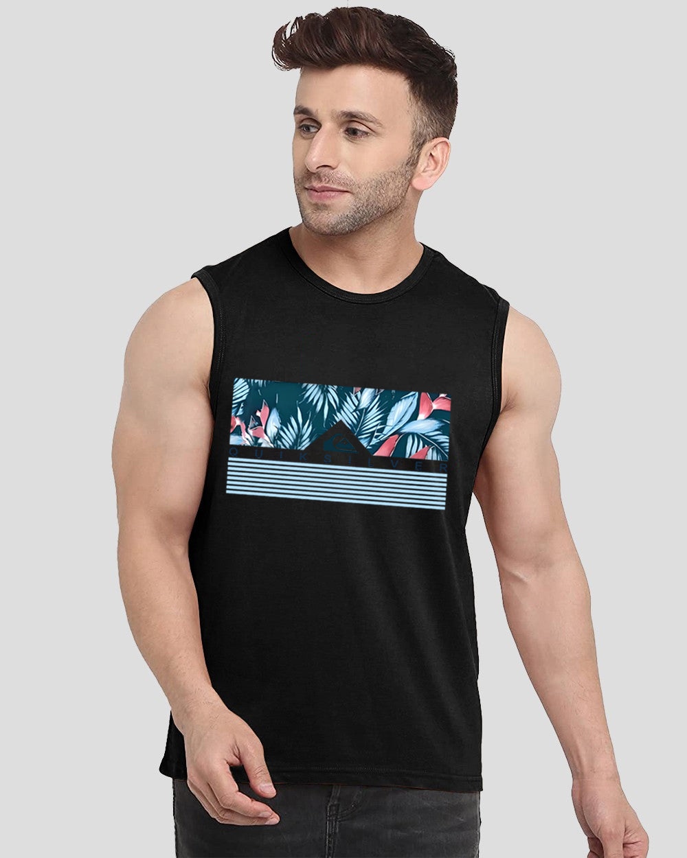 QuikSilver Black Printed Men's Vests for a Modern Edge-FRONT