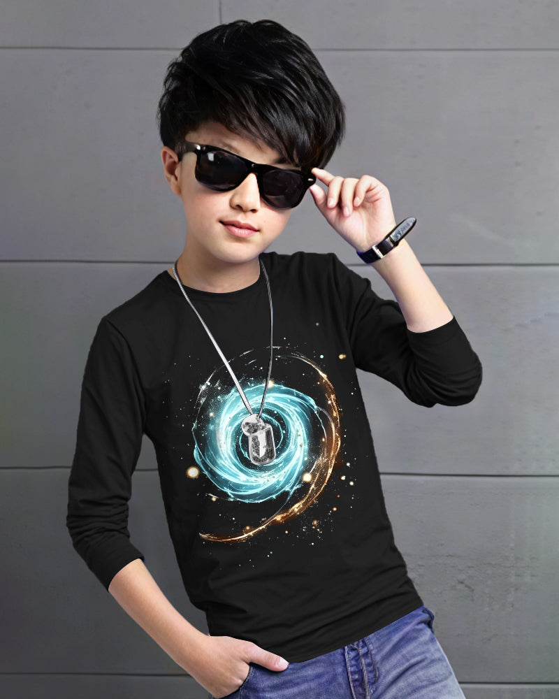 Black Full Vortex Sleeve Round Neck Cotton blend Men's T-Shirt-FRONT