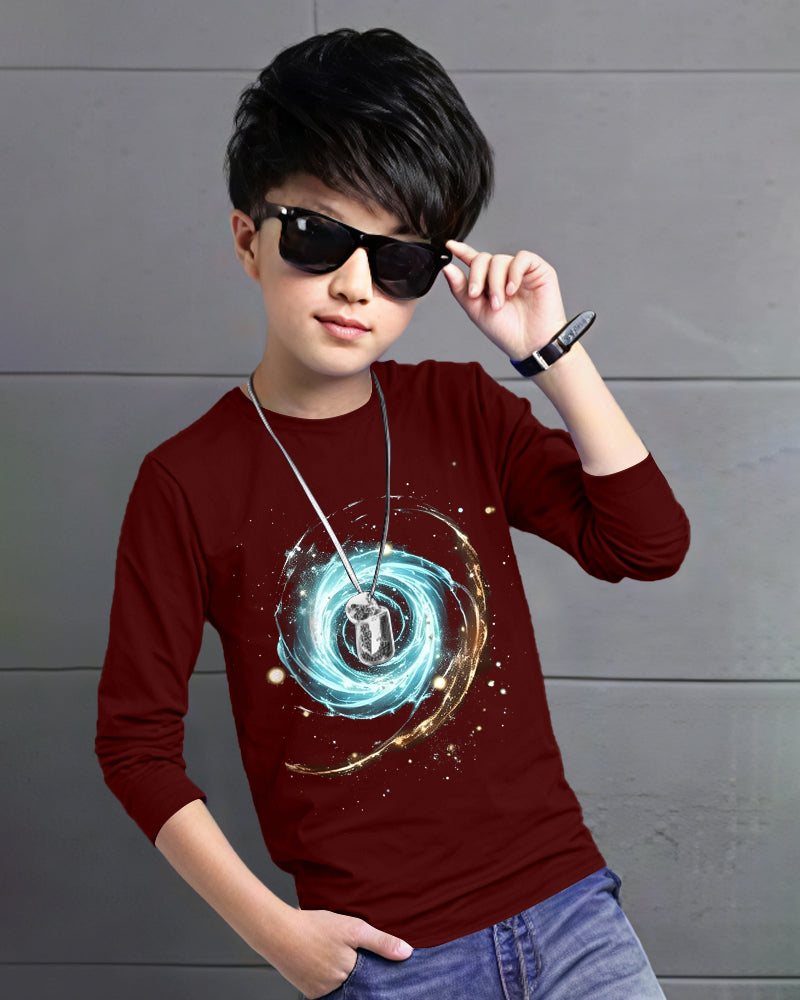 Maroon Full Vortex Sleeve Round Neck Cotton blend Boy's T-Shirt-FRONT