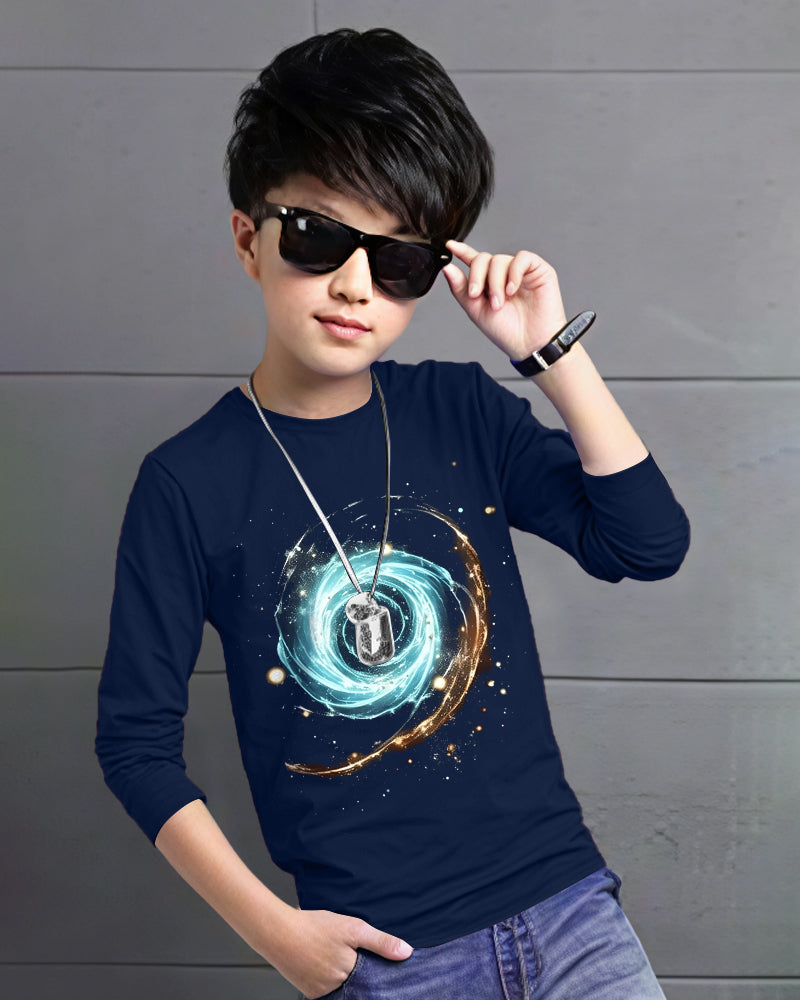 Navy Full Vortex Sleeve Round Neck Cotton blend Boy's T-Shirt-FRONT