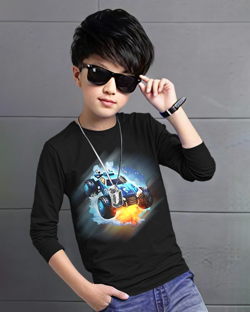 Black Full Car Sleeve Round Neck Cotton blend Boy's T-Shirt-FRONT