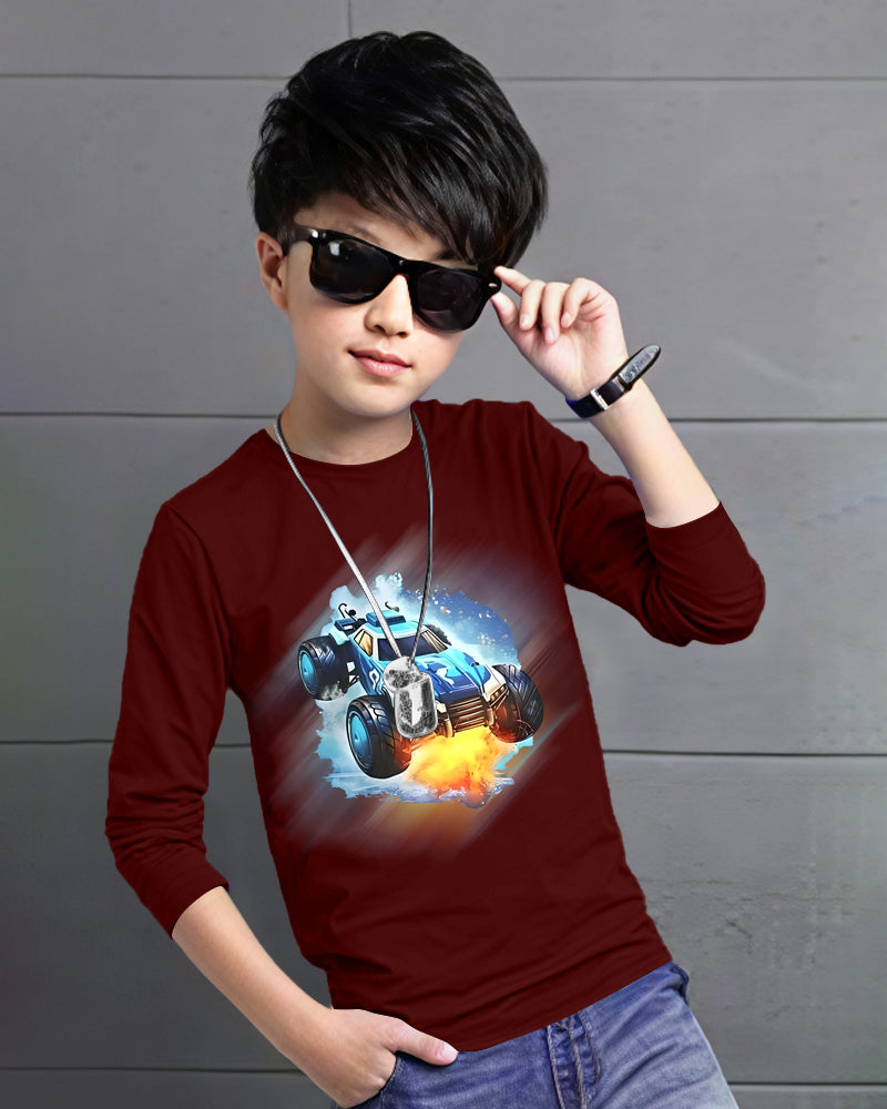 Maroon Full Car Sleeve Round Neck Cotton blend Boy's T-Shirt-FRONT