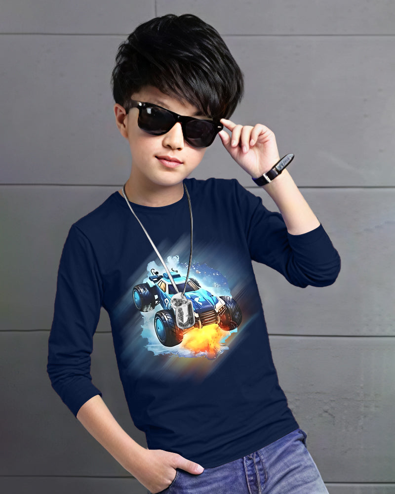 Navy Full Car Sleeve Round Neck Cotton blend Boy's T-Shirt-FRONT