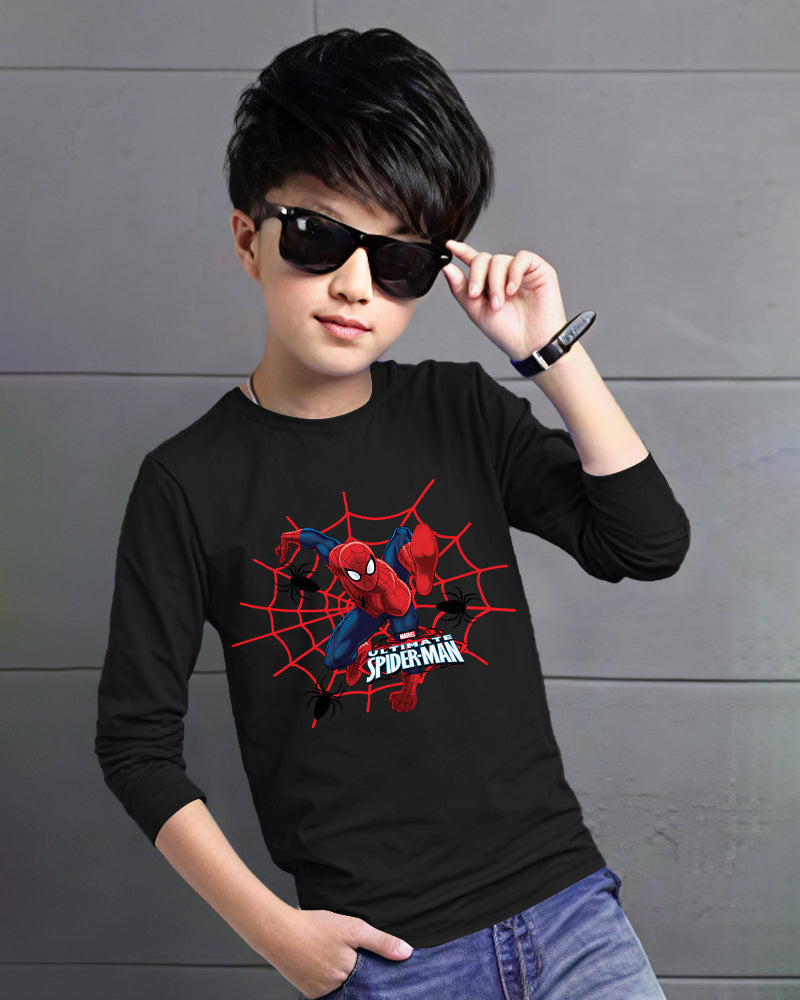 Black Full Spiderman Sleeve Round Neck Cotton blend Boy's T-Shirt-FRONT
