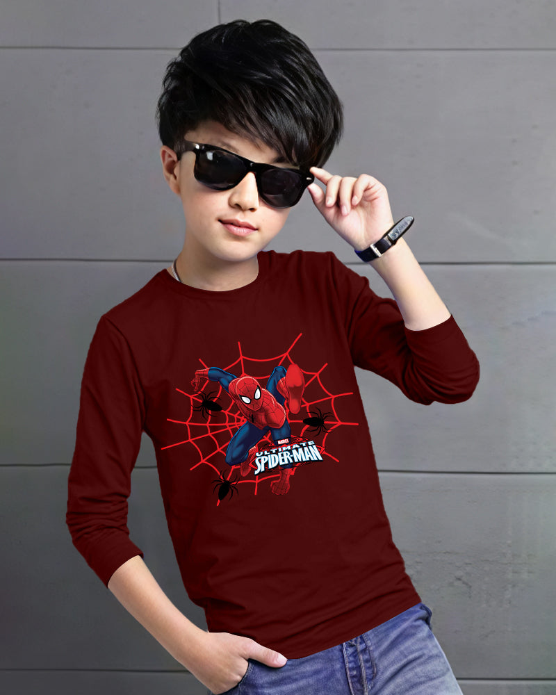 Maroon Full Spiderman Sleeve Round Neck Cotton blend Boy's T-Shirt-FRONT