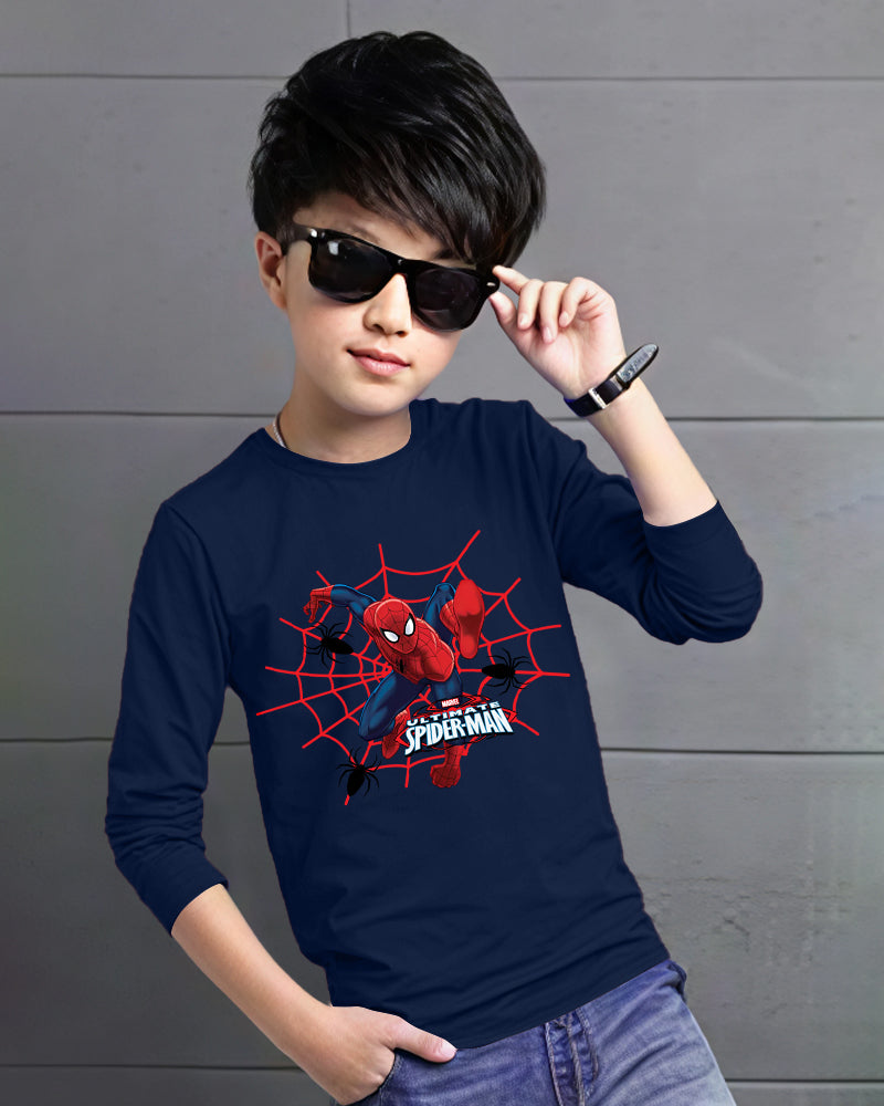 Navy Full Spiderman Sleeve Round Neck Cotton blend Boy's T-Shirt-FRONT